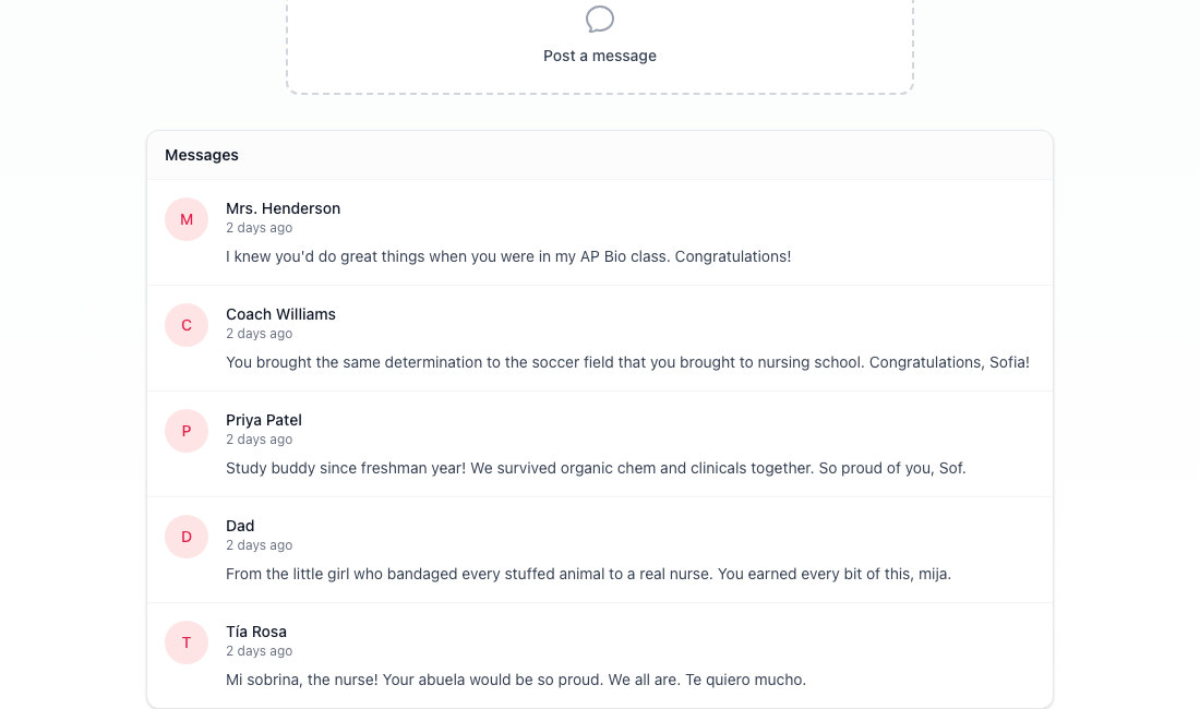 Messages and wishes from family and friends on a graduation page